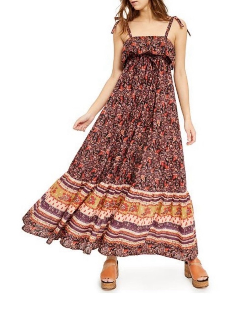 Free People Boho Maxi Skirt Dress in Rust Floral
